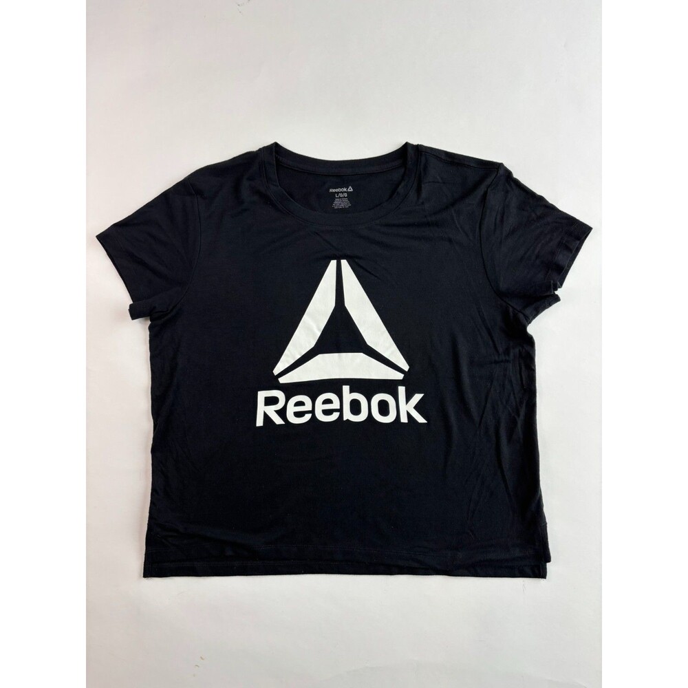Reebok Womens Workout Top L Black Spell Out Graphic Gym Pickleball Lightweight
